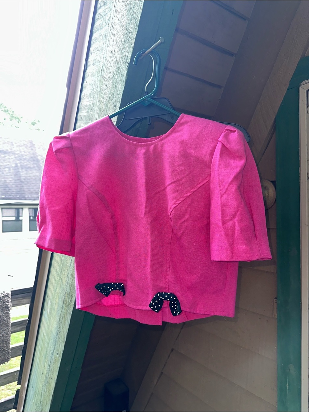 True Vintage Pink Linen Texture Top with Bow Trim